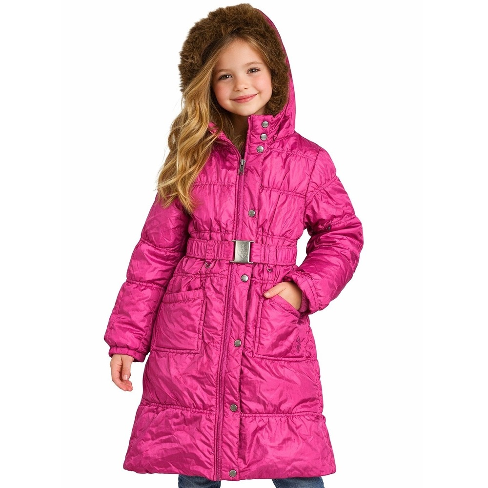 Baby Phat Puffer Coat Kids 14 Pink Faux Fur Hood Longline Quilted Winter Jacket